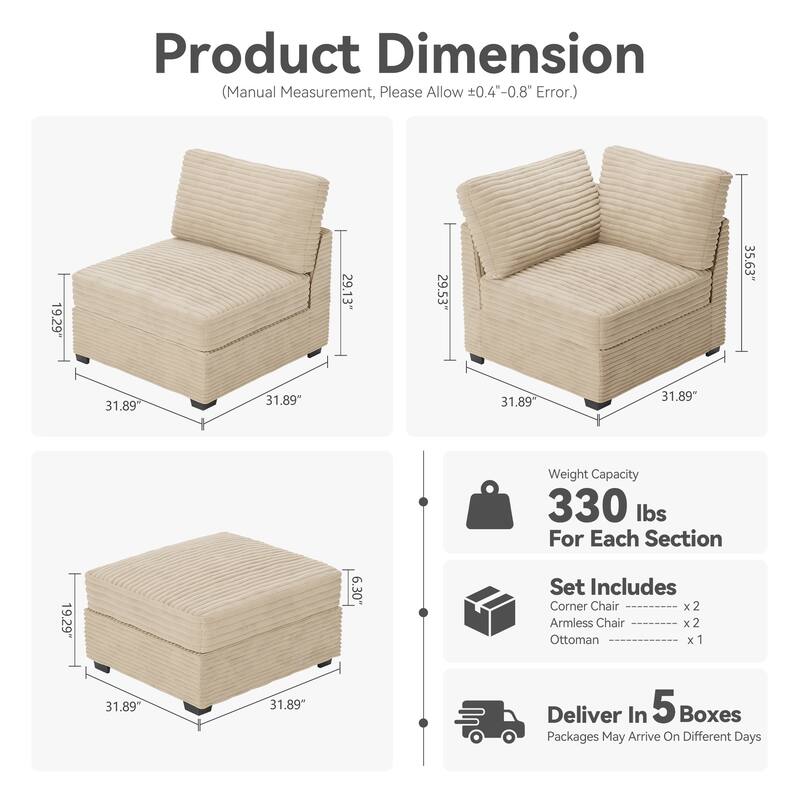 HOOOWOOO Modular Plush Corduroy Fabric Couch with Ottoman