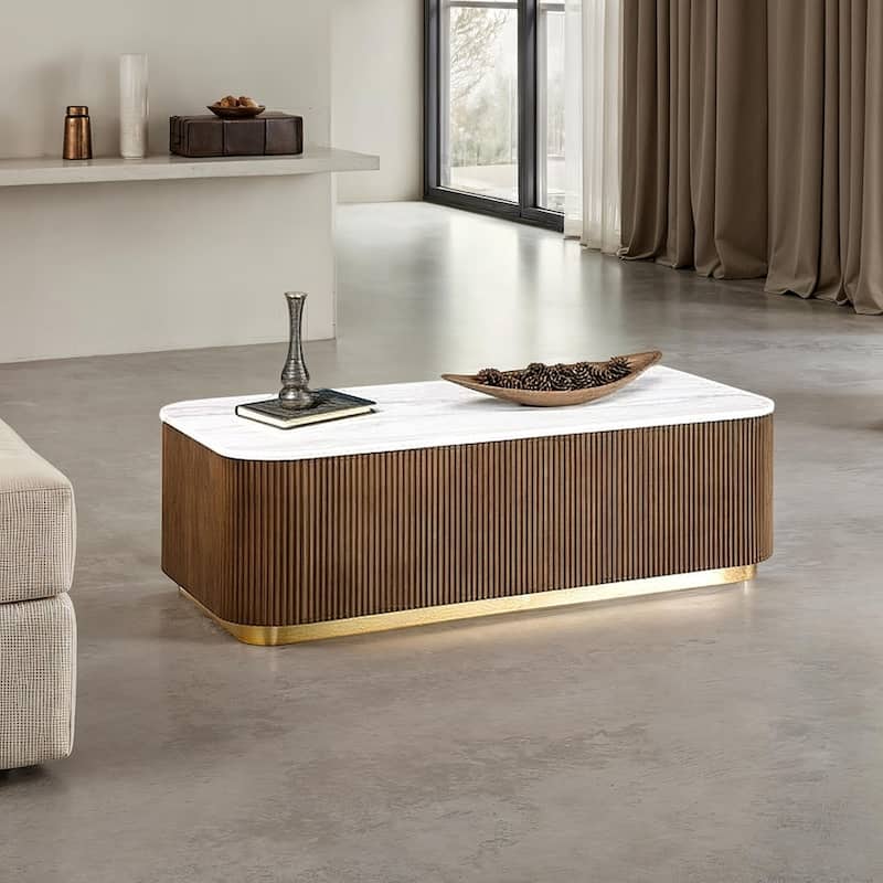 Modern Genuine Marble Top Coffee Table with Accent Gold Stainless Steel Base - White+Brown(1PC) - 47.5" L Rectangular