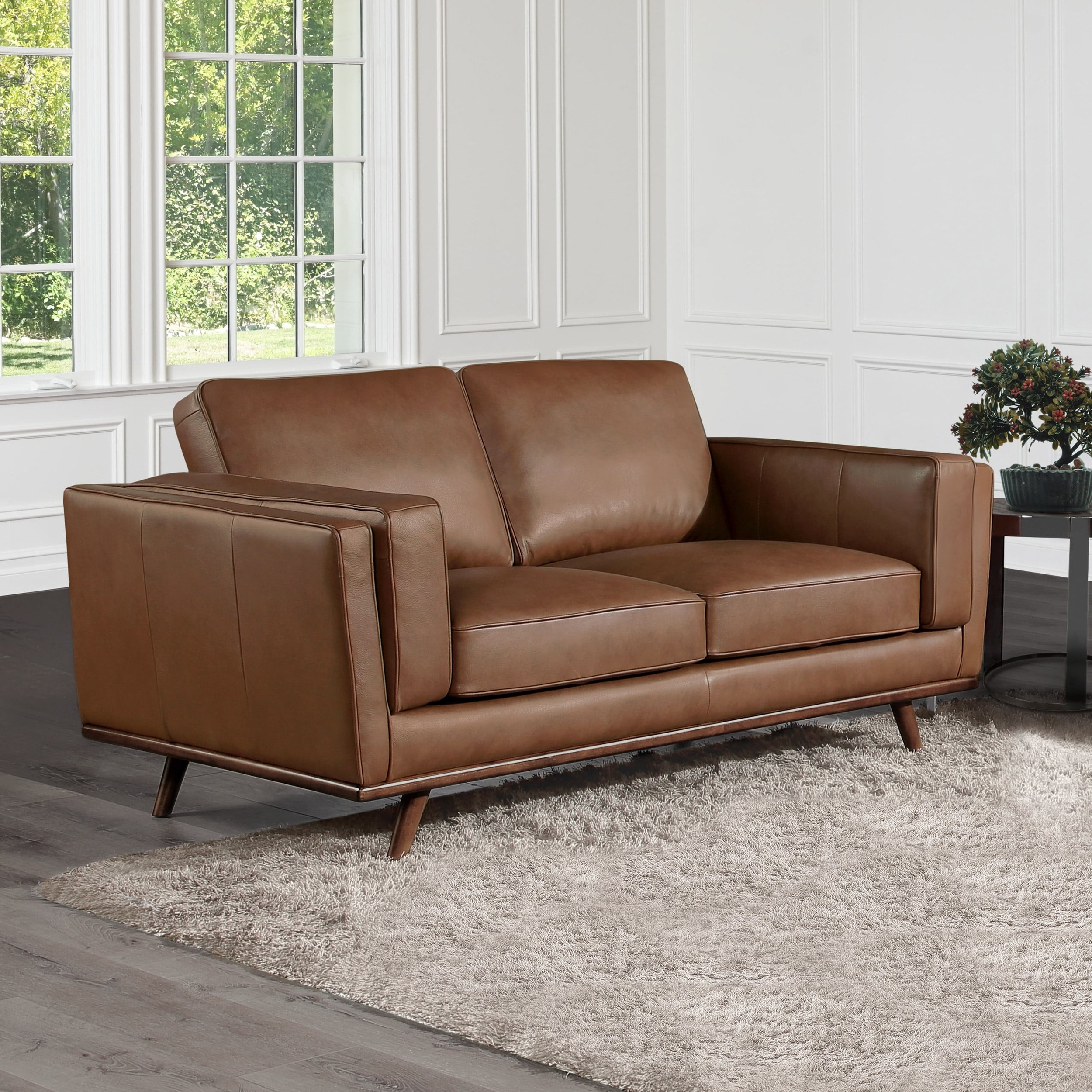 Abbyson Taverly Mid Century Top Grain Leather Loveseat - Bed Bath
