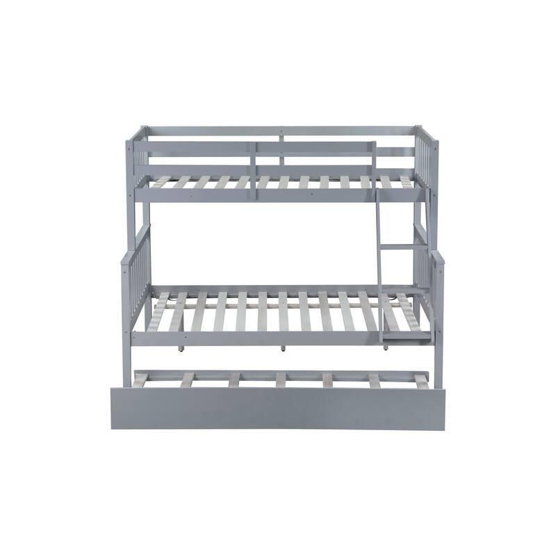 Convertible Twin Over Full Bunk Bed with Trundle, Detachable Ladder and Guardrail, Grey