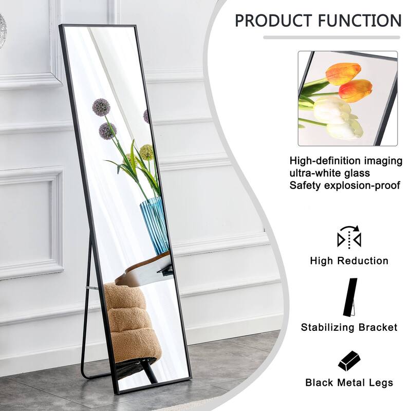 Roomfitters Wall-Mounted Full Body Mirror with Black Aluminum Frame, 63"x20" Floor Standing Vanity Mirror, Black