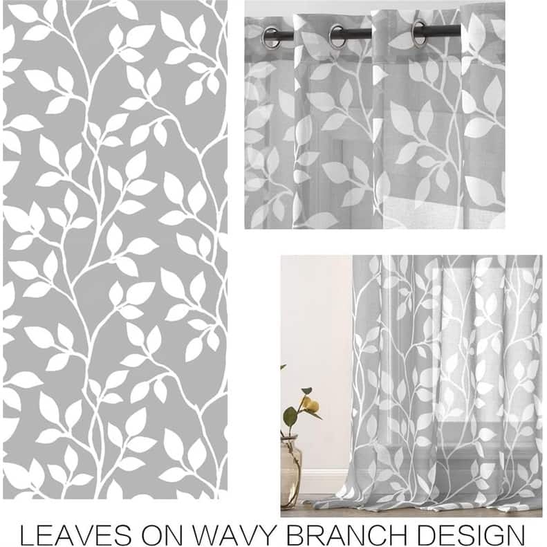 Grey Leaf Striped Sheer Curtains 48" Bathroom