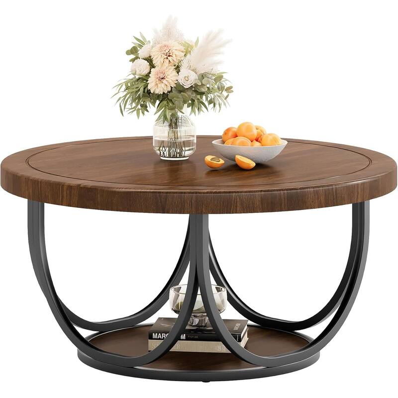 Round Coffee Table with 2 Tiers, 35.4" Wooden Circle Accent Cocktail Table with Storage Shelf and Metal Frame