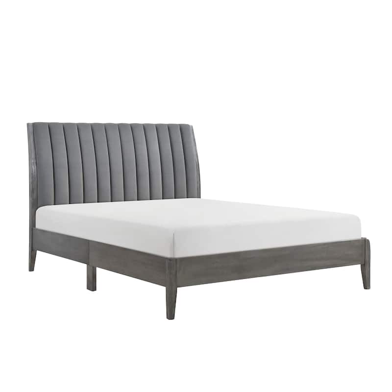 Eastern King Platform Bed with Velvet Upholstered Headboard and Solid Wood Legs - Gray