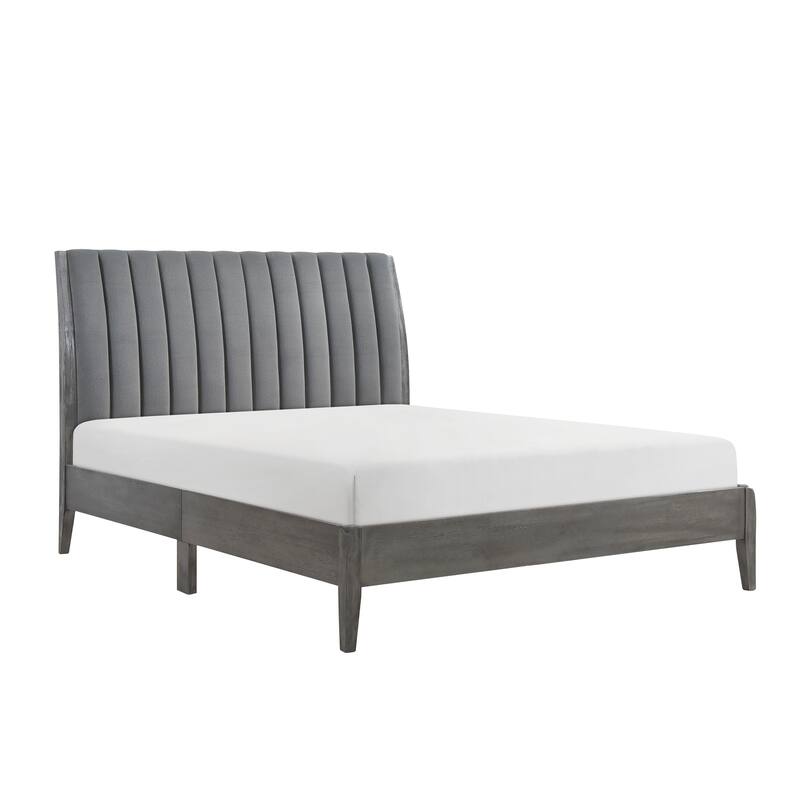King Size Velvet Platform Bed with Upholstered Headboard and Solid Wood Legs - Gray