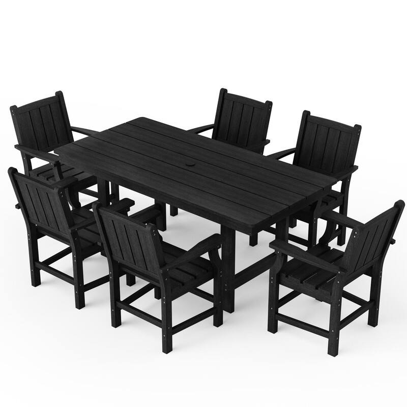 Black 5/7-Piece HDPE Plastic Patio Outdoor Dining Set with Arm Chairs