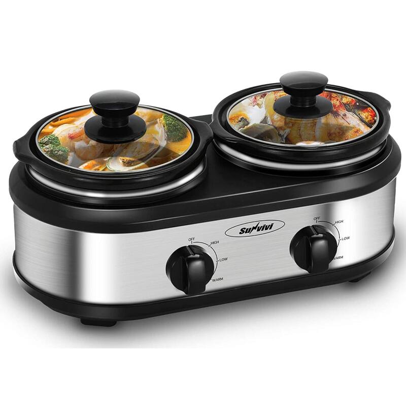 Royalcraft 2 Pot Slow Cooker Stainless Steel Buffet Server 1.25 Quart - Silver
