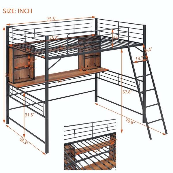 dimension image slide 1 of 4, Loft Bed with Desk and Shelf