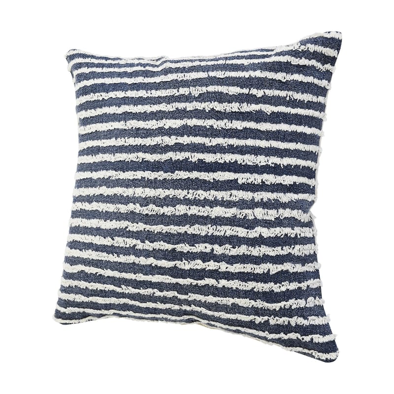 20" Blue and White Tufted Horizontal Stripes Square Throw Pillow