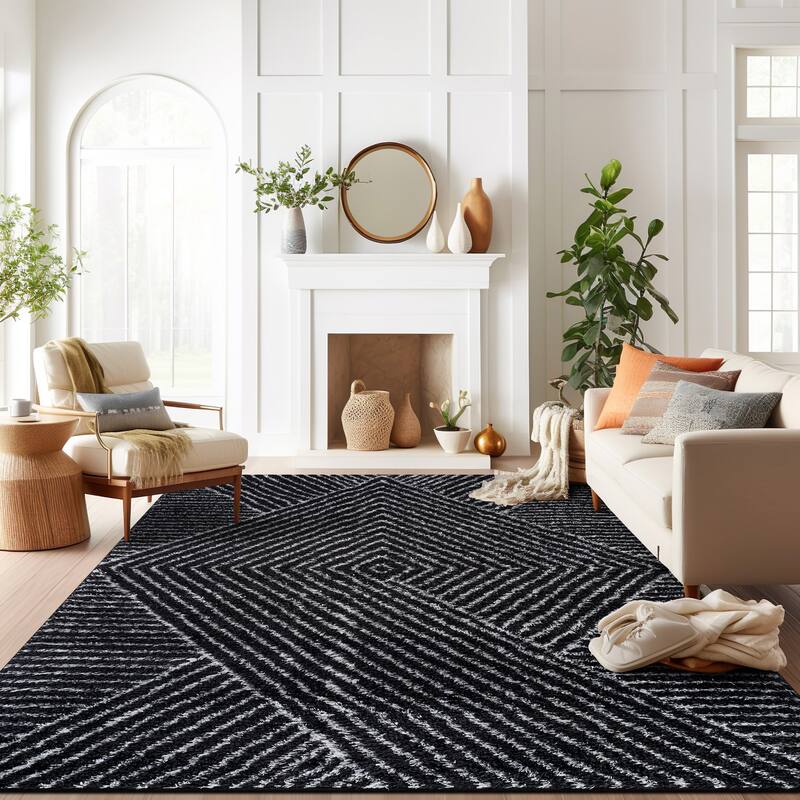 Minimal Stripe Geometric Shag Rug - Anthracite Dark Gray - Medium Pile - Cozy & Modern - Anthracite - 5' x 7'