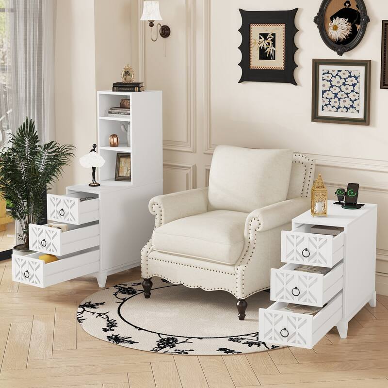 Tall Nightstand with Charging Station, Narrow Sofa Side Table with 3 Drawers & 2 Open Shelves, Solid Wood Entryway Accent Table