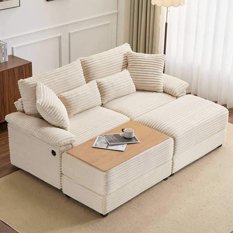 Double Chaise Lounge Set with Reversible Ottoman - Soft Corduroy Fabric, Storage Ottomans,USB Port, Multi-Functional Seat/Table