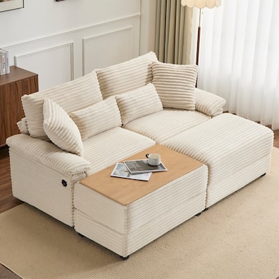 Double Chaise Lounge Set with Reversible Ottoman - Soft Corduroy Fabric, Storage Ottomans,USB Port, Multi-Functional Seat/Table