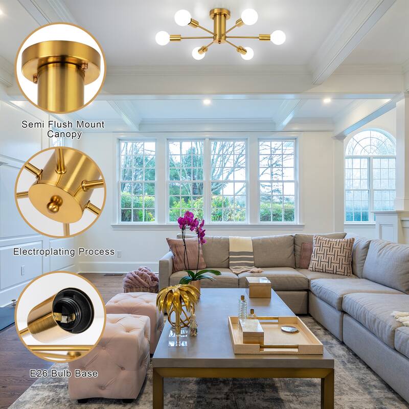 6-Light Modern Industrial Sputnik Semi-Flush Mount Ceiling Light - N/A