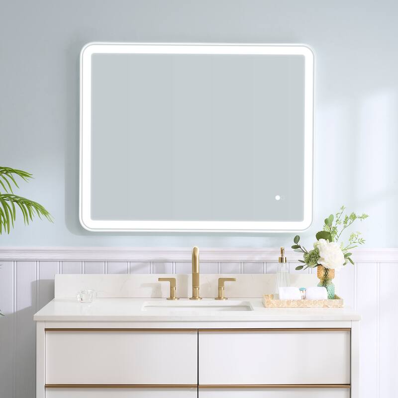 Wall Mounted Bathroom Framed LED Mirror With Anti- Fog,Memory Function And Dimmable Light Touch Sensor - 40"Wx32"H - White
