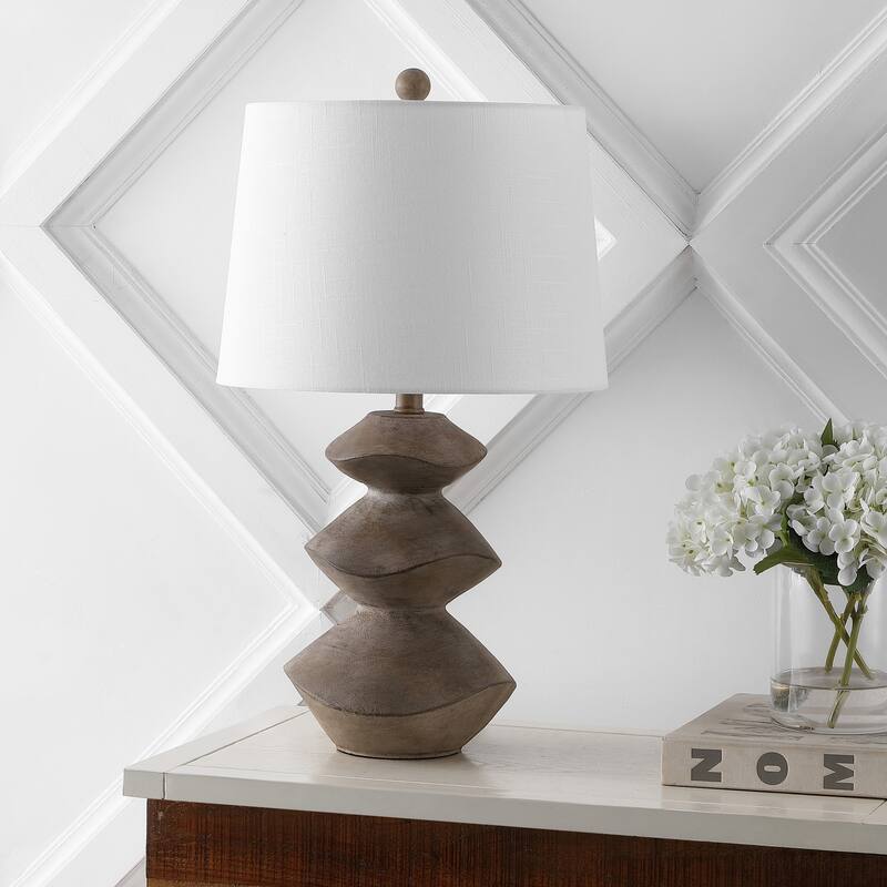 Leif 24.5" Minimalist Coastal Resin/Iron Cairn LED Table Lamp, Brown Wood Finish by JONATHAN Y