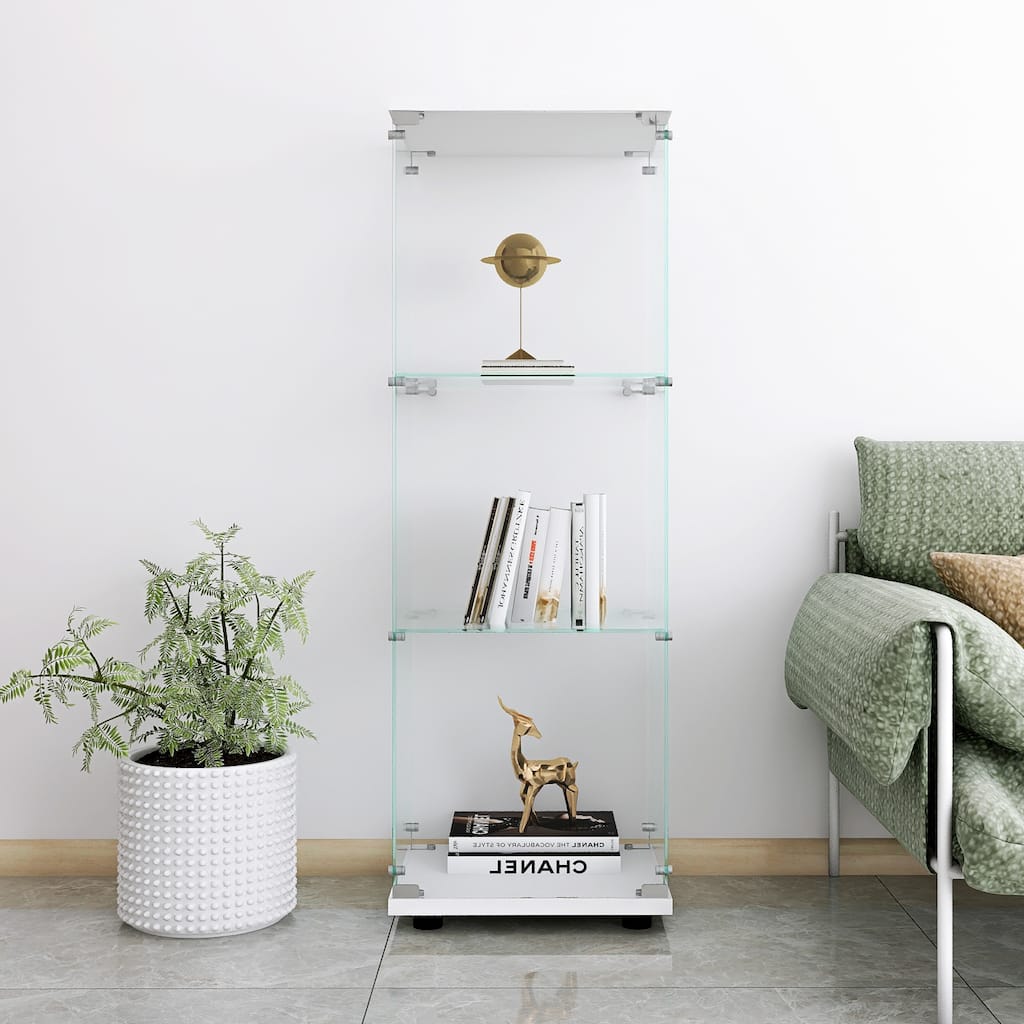 Glass Display Cabinet with 3 Shelves, Floor Standing One-Door Glass Bookshelf for Living Room Bedroom Study or Collection Room