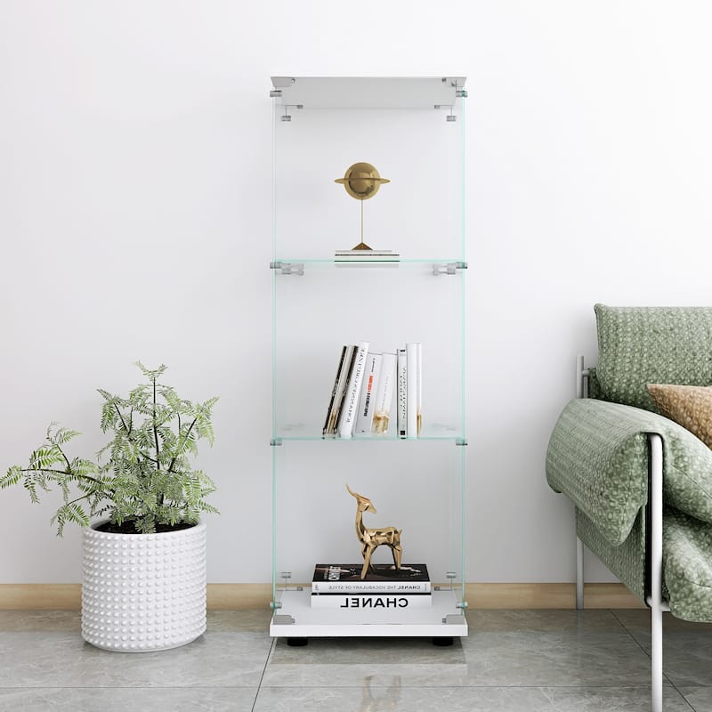 One-Door Glass Bookshelf Curio Cabinets with 3 Shelves