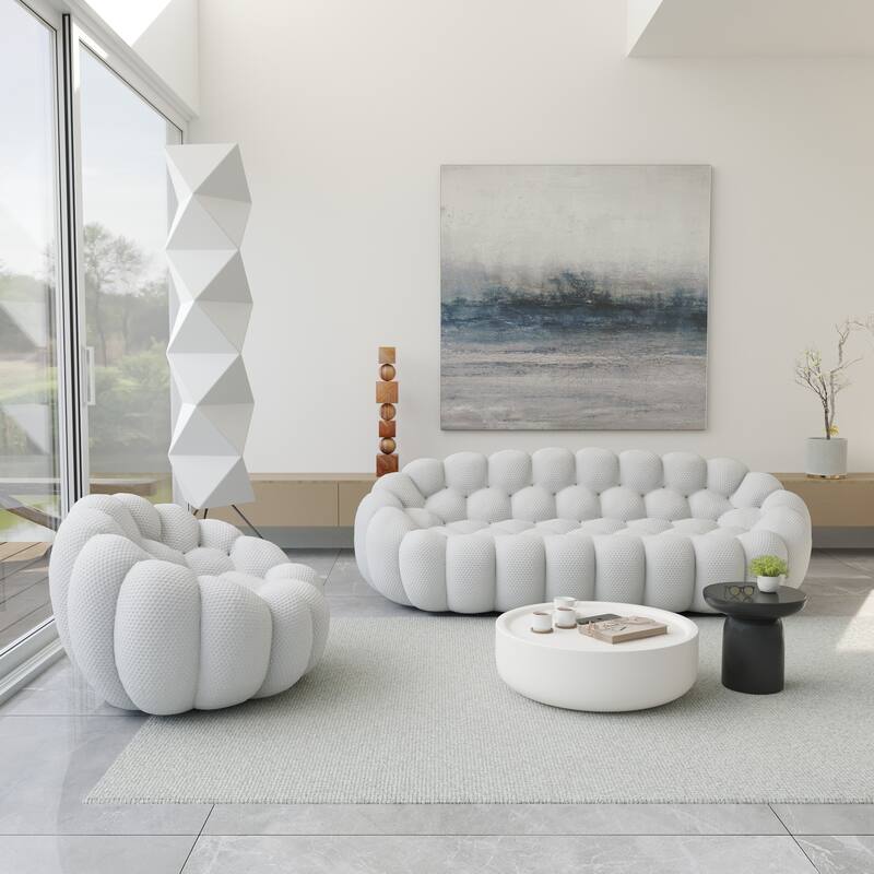 2PCS 3D Honeycomb Fabric Upholstered Bubble Sofa, 3 Seater Bubble Couch and Single Sofa for Living Room