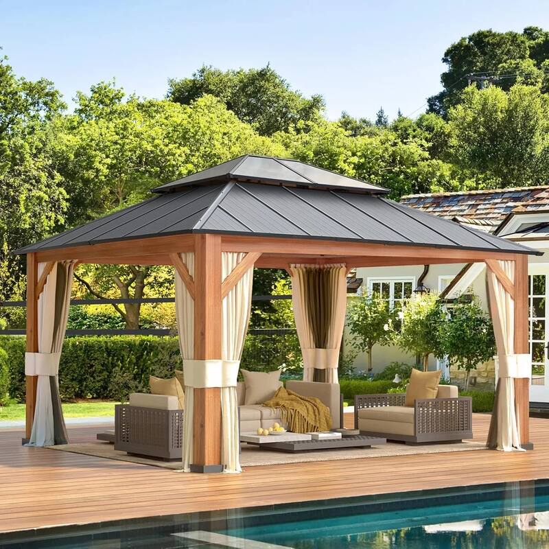 Premium Outdoor Gazebo Pergola with Galvanized Steel Roof, Wooden Coated Aluminum Frame, Privacy Curtains, and Nettings Included
