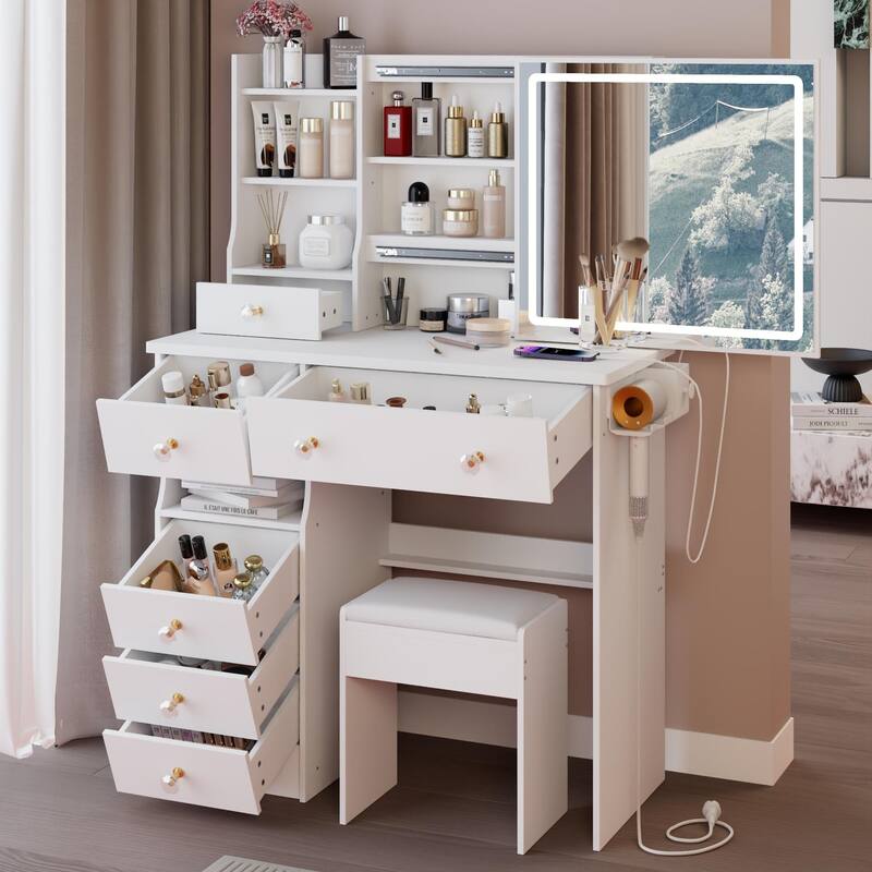 37" Middle Size Left Drawer Desktop Vanity Table + Cushioned Stool Dresser Set, Large Touch Control LED Sliding Mirror