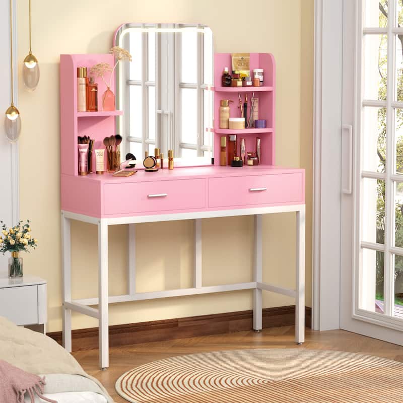 Vanity Table with LED Mirror, Kid's Makeup Vanity Desk with 2 Storage Drawers