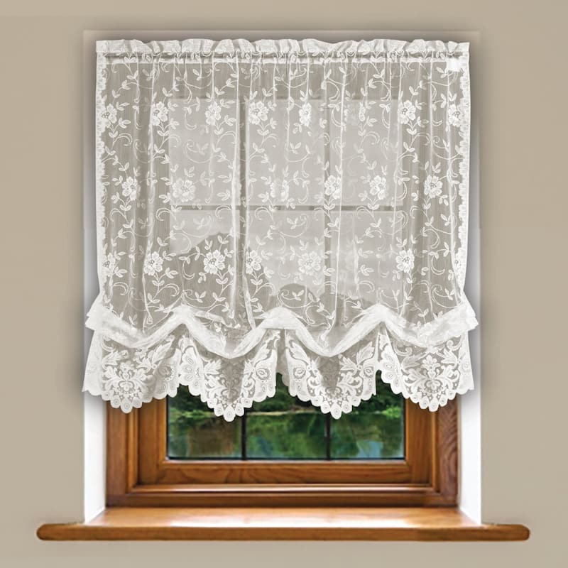 Grace Floral Lace Window Curtain Panels Or Valance - 64 Inches - Cream
