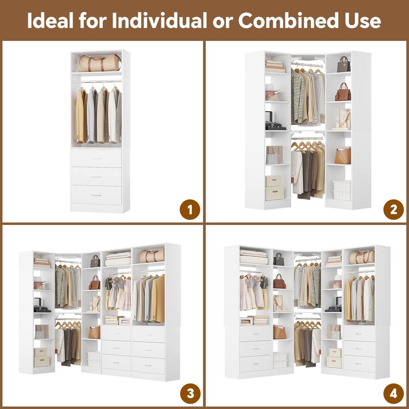 Corner Closet System with 6 Drawers & 4 Hanging Rods,Set of 3,Reversible Walk-in Closet Organizer System with Adjustable Shelves