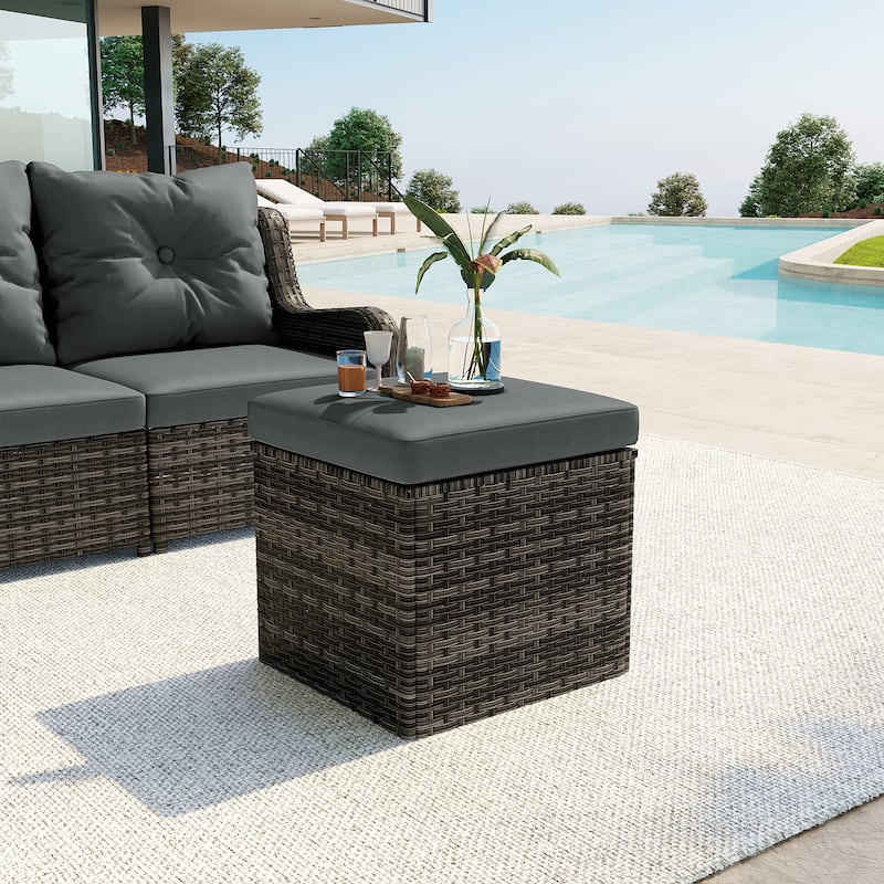 17.7" W Outdoor Rattan Patio Square Ottoman with Seat Cushion