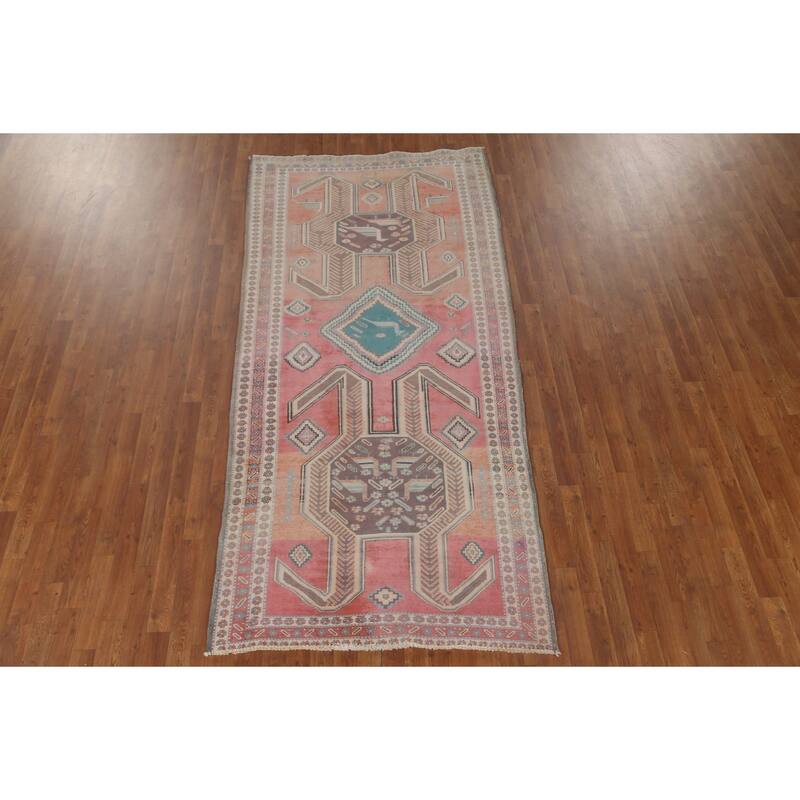 Geometric Ardebil Persian Vintage Runner Rug Hand-Knotted Wool Carpet - 4'4" x 9'6"