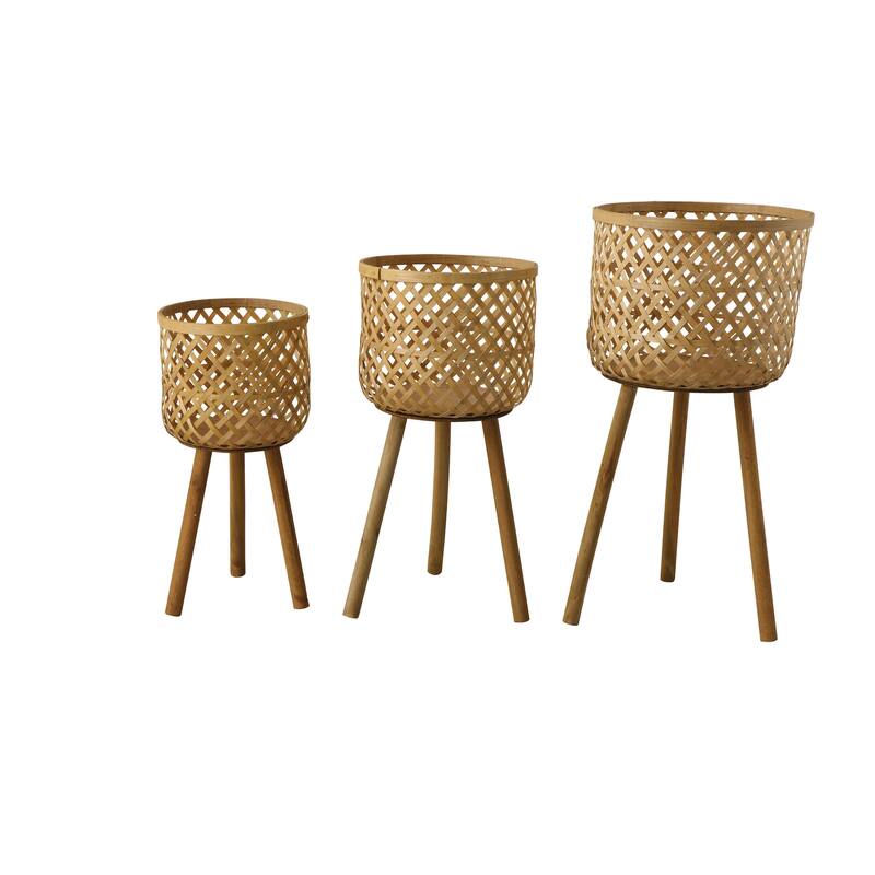 Woven Bamboo Floor Baskets with Wood Legs (Set of 3 Sizes)