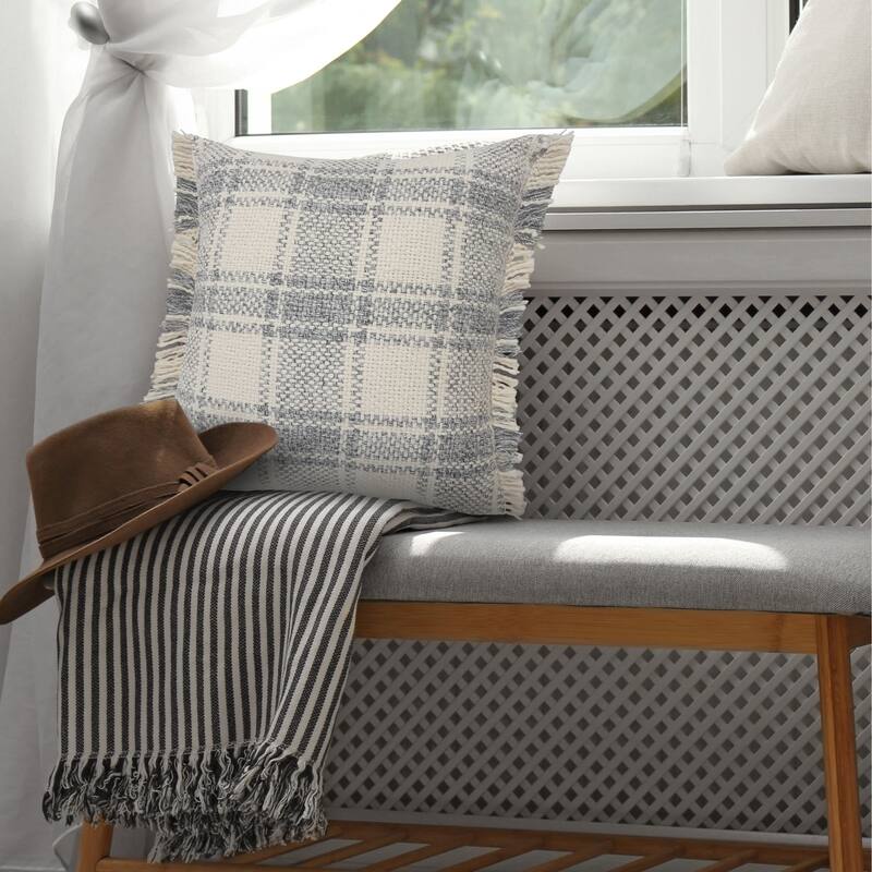 20" Blue and White Plaid Cabin Square Throw Pillow with Fringe