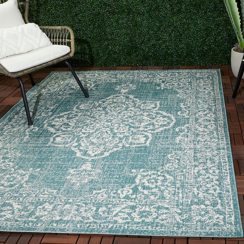 Ridha Medallion Indoor/Outdoor Area Rug - 2' x 7' Runner - Teal