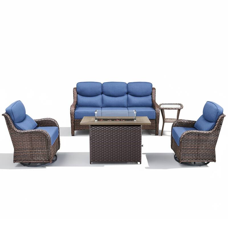 Meyreso 7-Piece Wicker Outdoor Patio Fire Pit Conversation Set with 6-Inch Thick Cushions