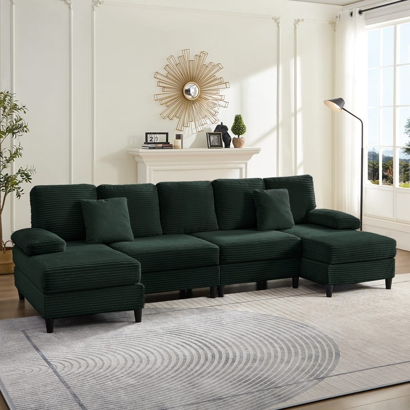 Mixoy W112inch Upholstered 5-Seater Sectional Sofa Couch,Corduroy Large U-Shaped Sofa with Double Chaises and Sleepable Armrests - Green - Symmetrical