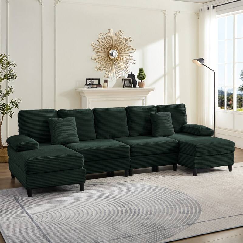 Mixoy W112inch Upholstered 5-Seater Sectional Sofa Couch,Corduroy Large U-Shaped Sofa with Double Chaises and Sleepable Armrests