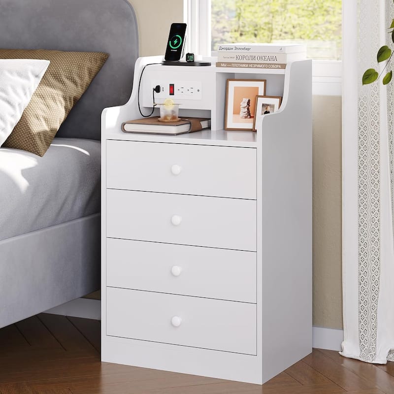 Nightstand with Drawers Charging Station End Side Table with Hutch - White - 4-drawer
