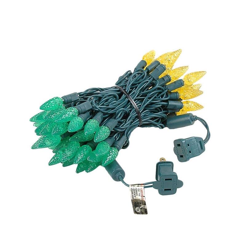 70 Light C6 LED Christmas Mini Light Set, Green/Yellow, Green Wire, 24 Feet - Large