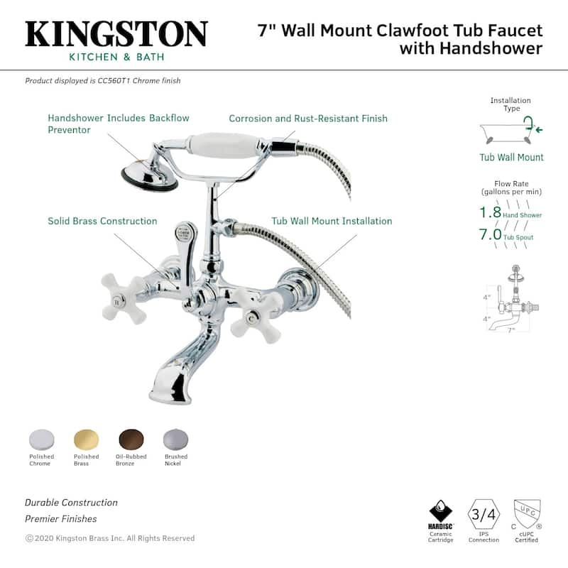 Kingston Brass Vintage Wall Mounted Clawfoot Tub Filler with Personal - Polished Chrome