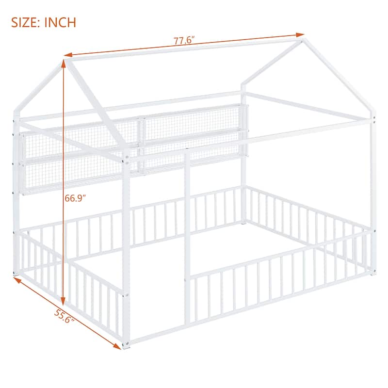 Full Size Metal Bed House Bed Frame with Fence and Shelves, White