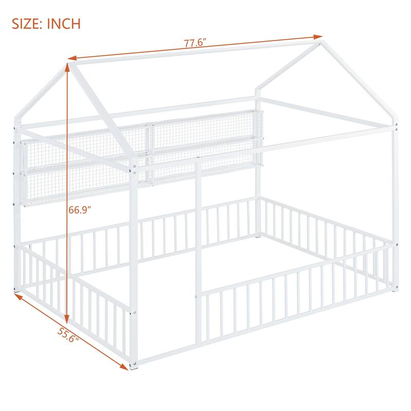 Full Size Metal House Bed Frame with Built-In Grid Shelves, Playful Canopy Design and Space-Saving Storage