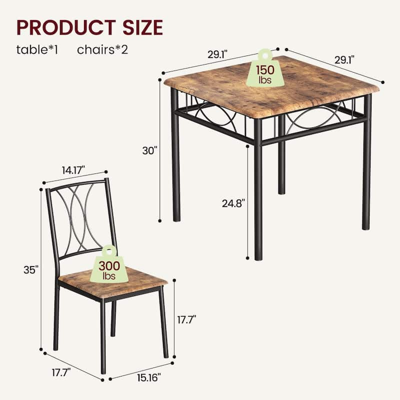 Dining Table Set for 2, Kitchen Table and Chairs, Square Dining Room Table Set , 3 Piece Dining Table Set , Rustic Brown