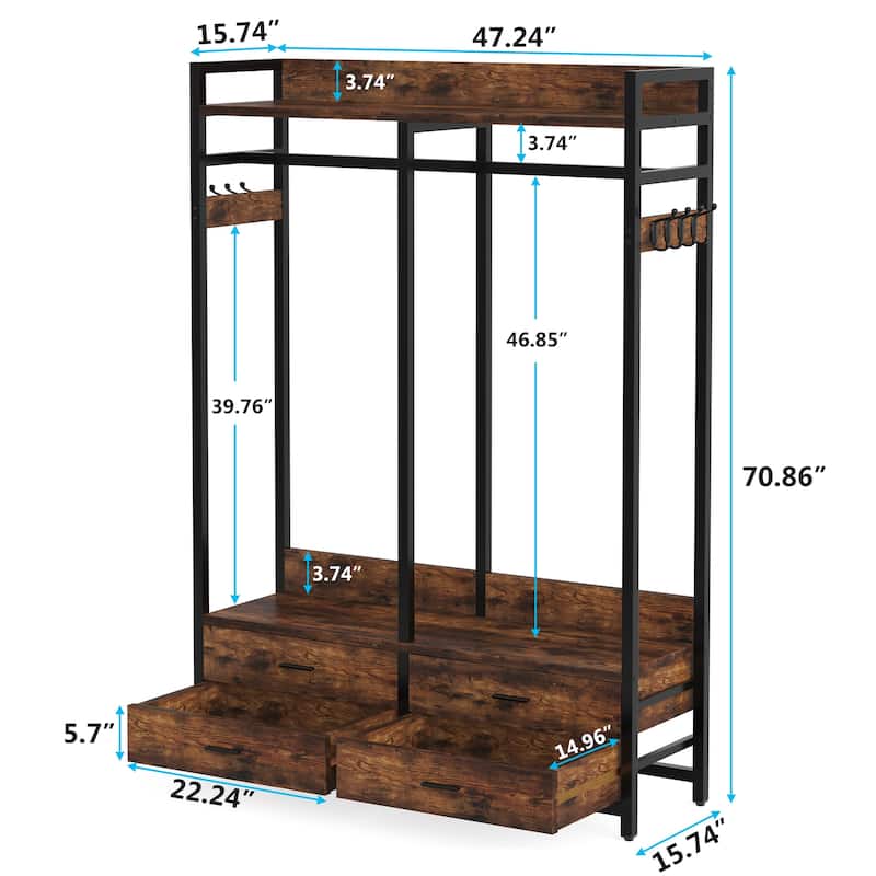 Freestanding Closet Organizer, Clothing Rack with 4 Drawers, 8 Hooks and Storage Shelves - Grey