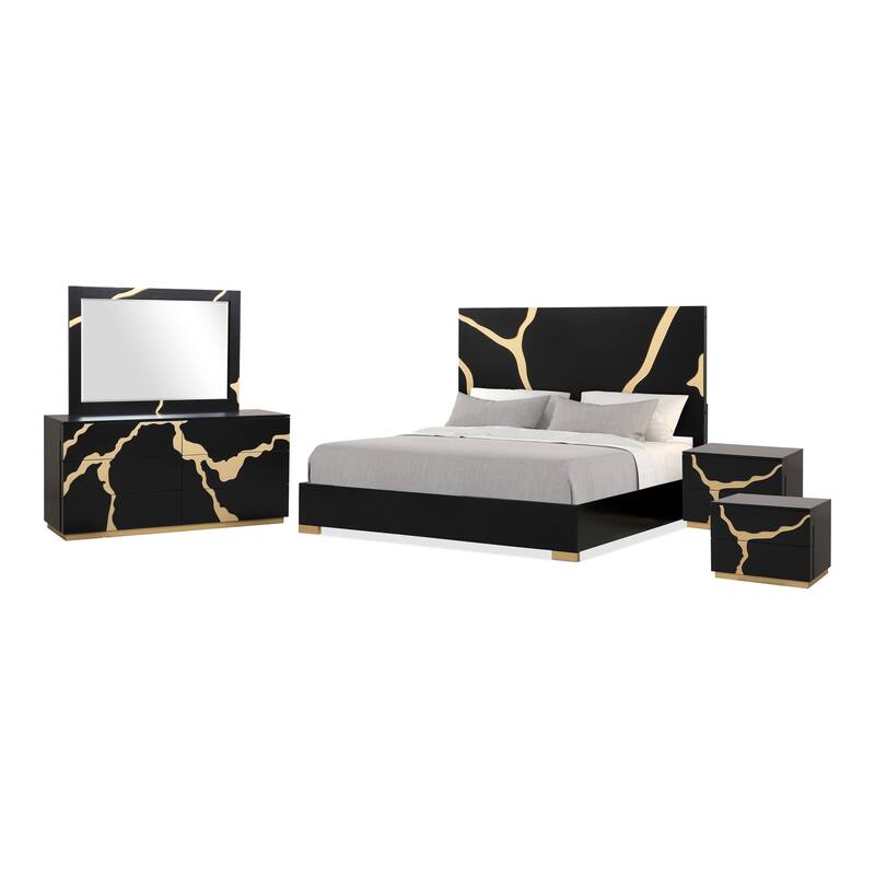 Furniture of America Kismet Modern 5-Piece Black Wood Platform Bedroom Set with Gold Accented Headboard