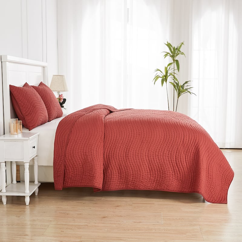 Handstitch Cotton Voile Quilt Set - Burgundy - Queen - 3 Piece