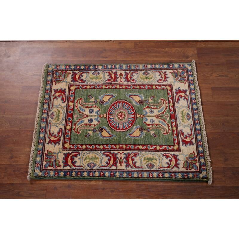 Green Geometric Kazak Foyer Rug Hand-Knotted Wool Carpet - 2'0" x 2'8"