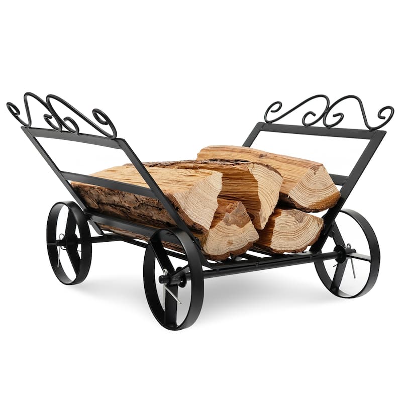 Costway Firewood Storage Rack Steel Fireplace Log Holder w/ Wheels - See Details - Black - See Details