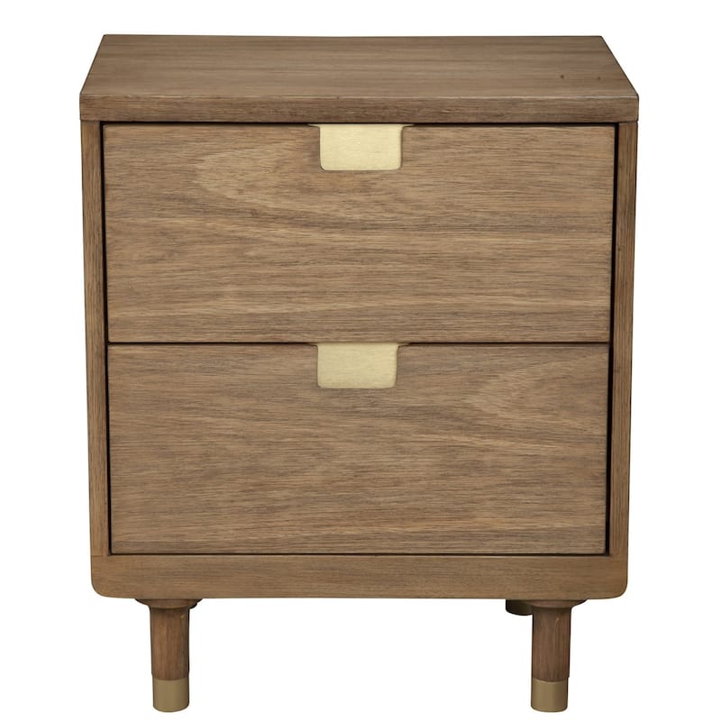 Sand Solid Wood 2-Drawer Rectangular Nightstand with Metal Accents