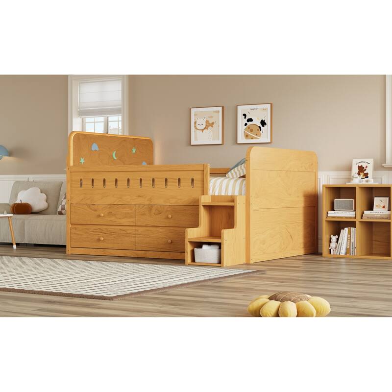 Roomfitters Full Size Wooden Bed with LED Headboard, 4 Storage Drawers and Ladder