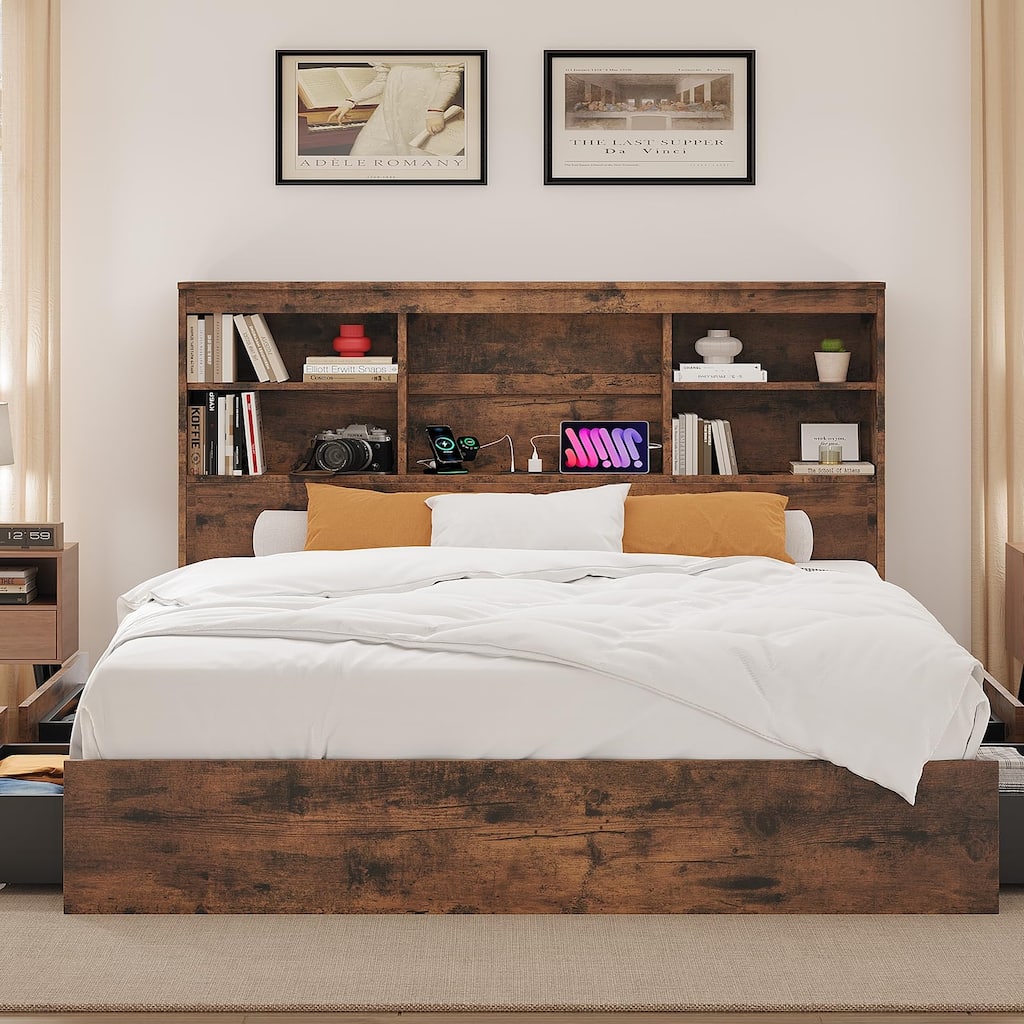 King Size Bed Frame with High Storage Bookcase Headboard, Wood Bed Frame with 4 Storage Drawers